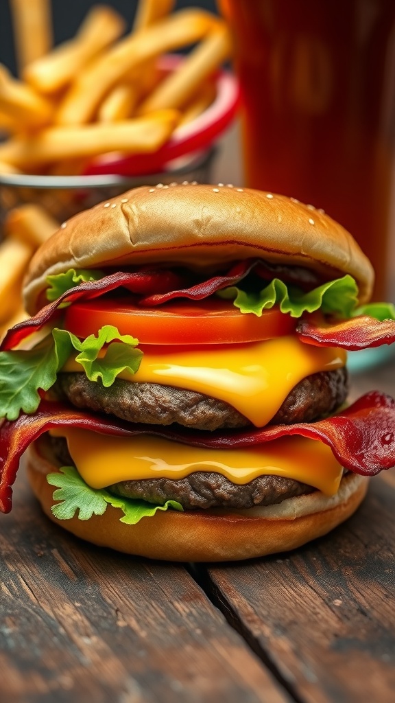 Close-up of a delicious burger with cheese, lettuce, tomato, and bacon on a rustic table with fries.